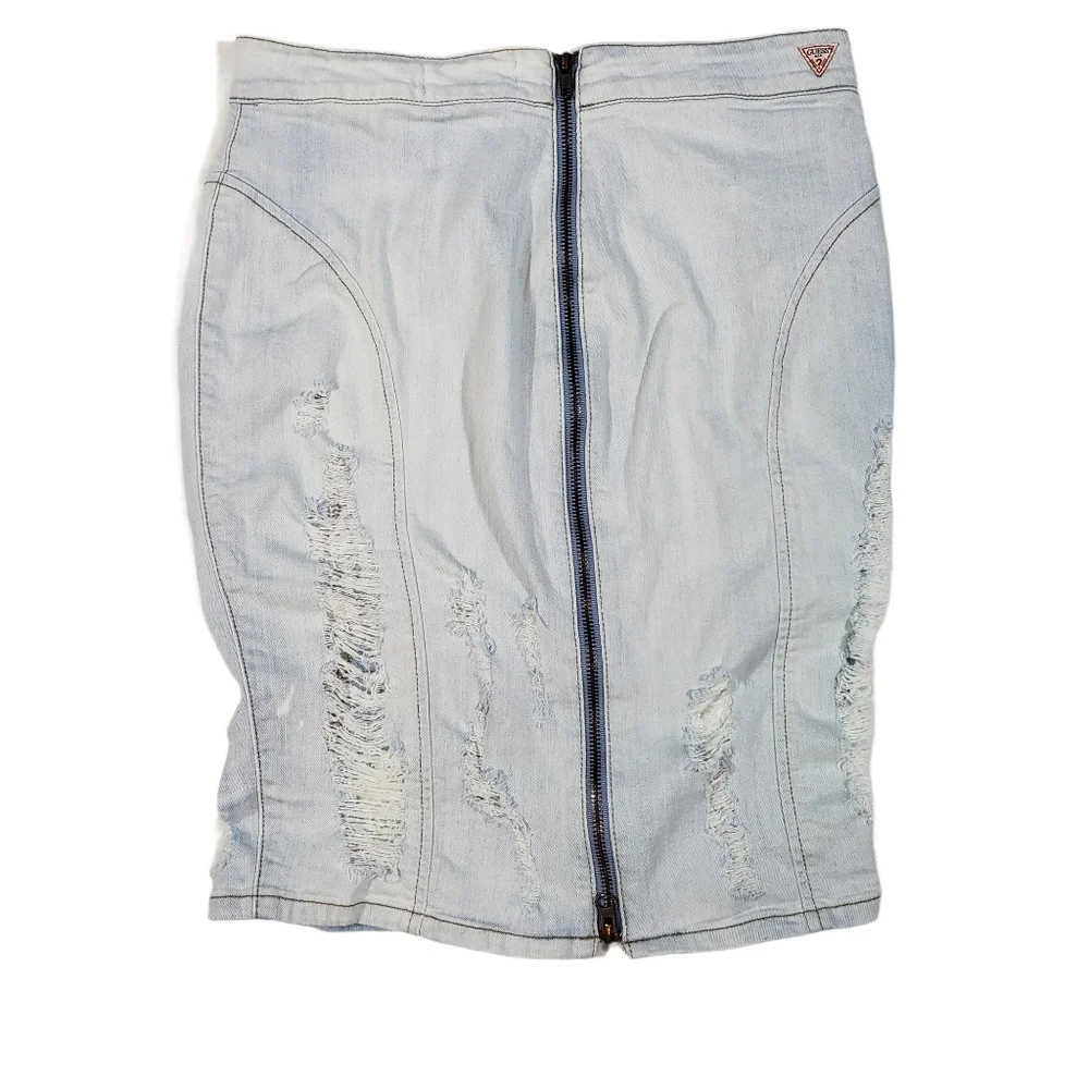 Vintage Guess Denim Wiggle Skirt Sz Medium Light Jean Wash Distressed Zipper Y2K